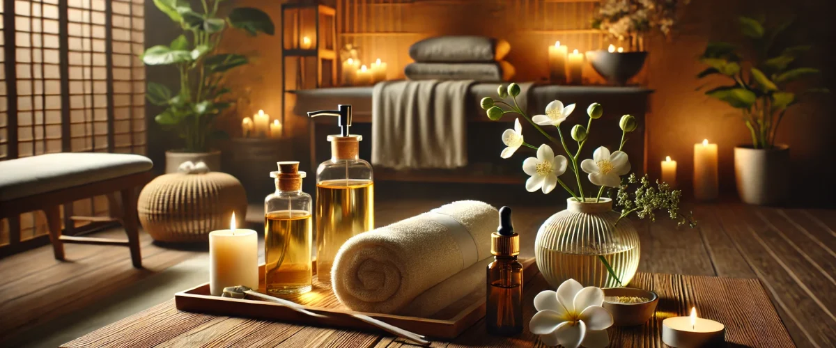 DALL·E 2024-12-21 21.22.22 - A realistic depiction of a cozy spa setting featuring a wooden table neatly arranged with essential oils in glass bottles, folded white towels, and a